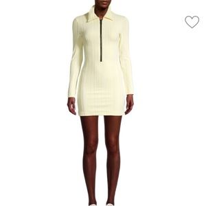 Solid and striped Zip-Up Long-Sleeve yellow ribbed Dress